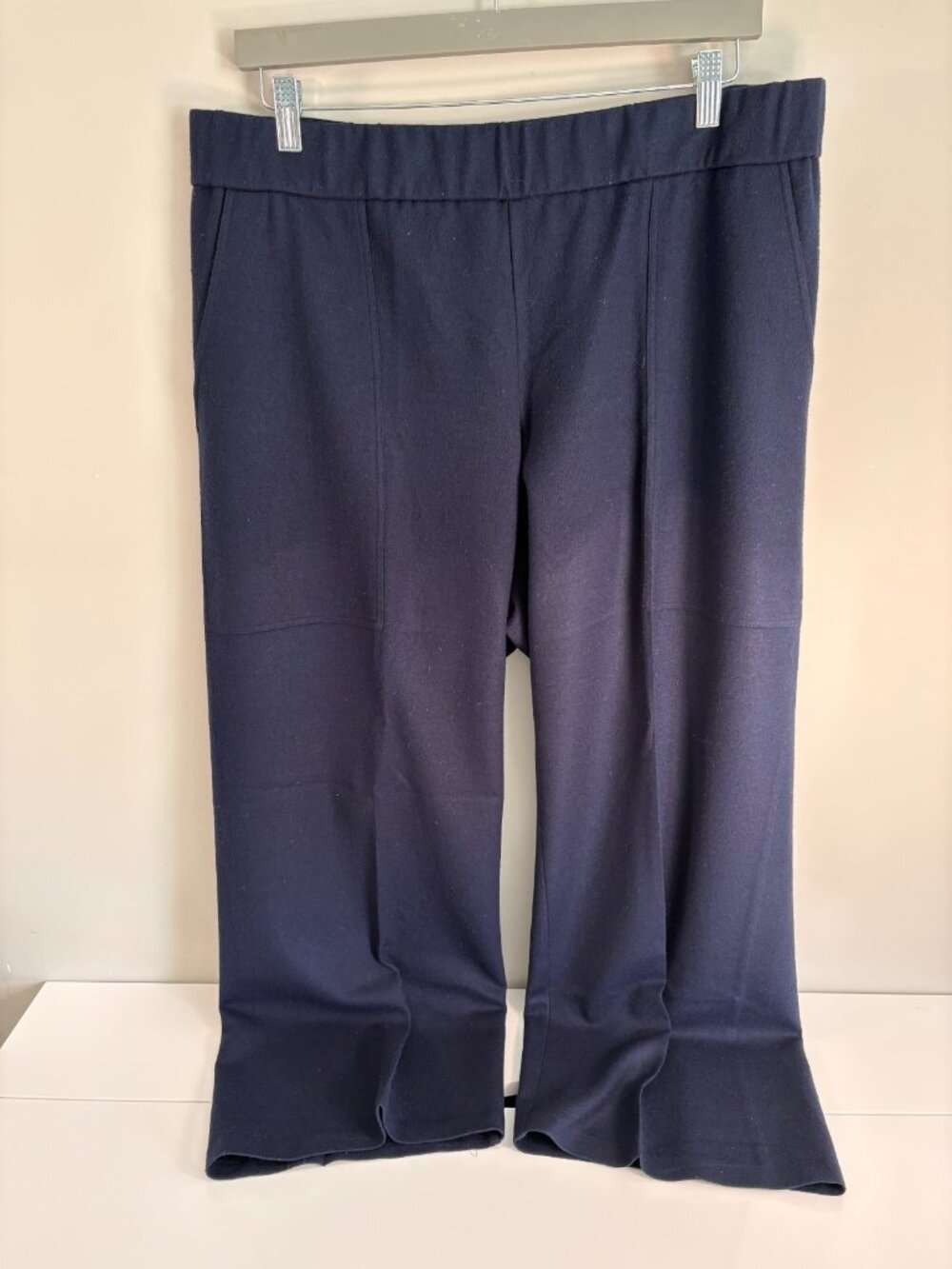 Eileen Fisher Size L 100% Wool Wide Leg Cropped Pull-On Navy Trousers